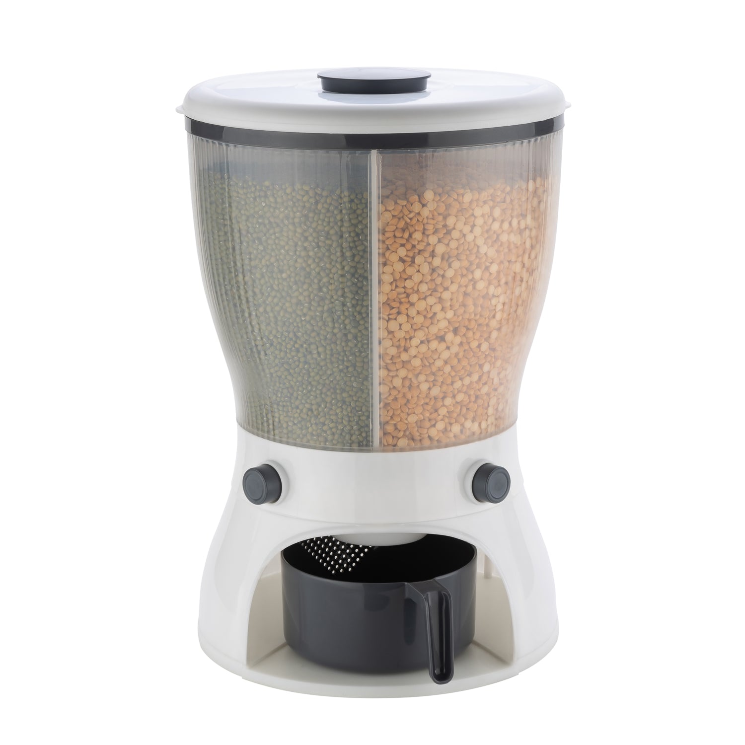 Rice dispenser with a clear view of its storage capacity. Rice dispenser with a clear view of its storage capacity.